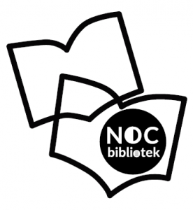 Zarys dwóch otwartych książek i logo Nocy Bibliotek w kole.