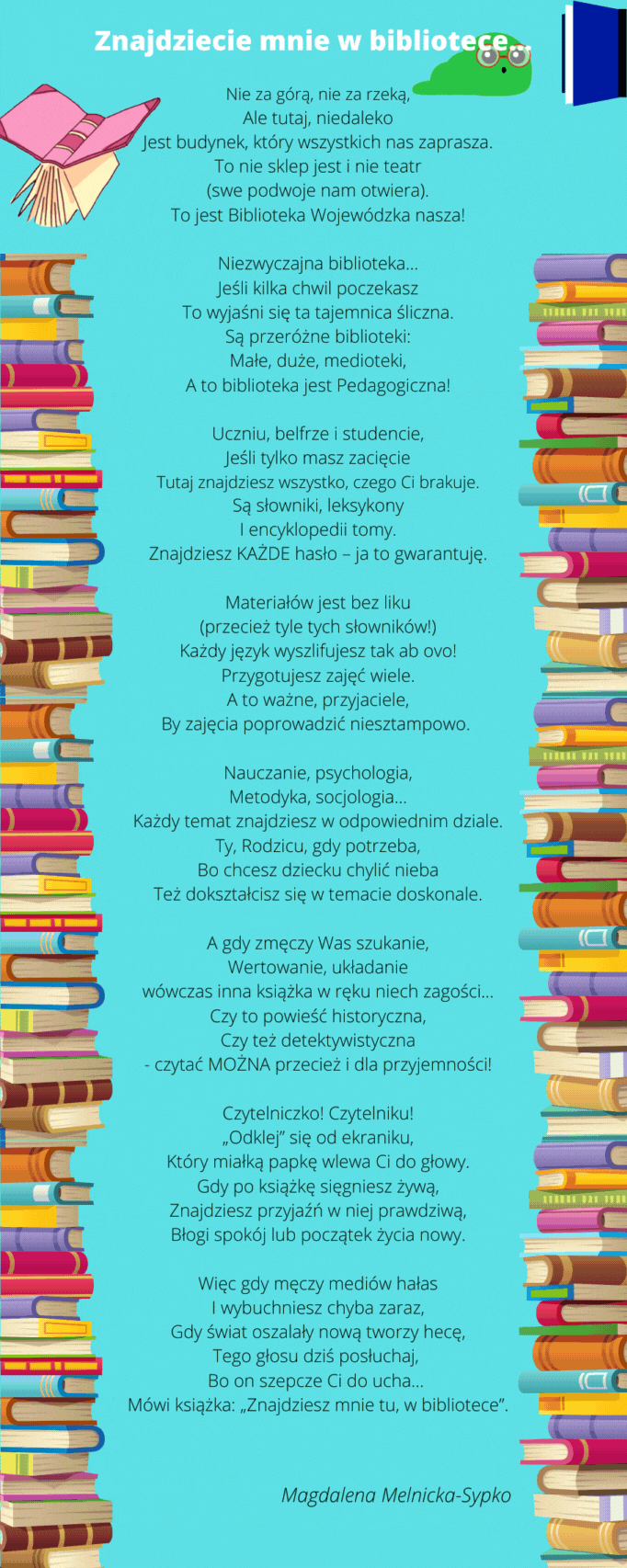 Tekst wiersza "Znajdziecie mnie w bibliotece" w otoczeniu animowanych książek.