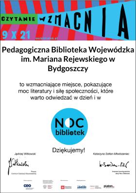 Dyplom dla biblioteki za organizację Nocy Bibliotek 2021