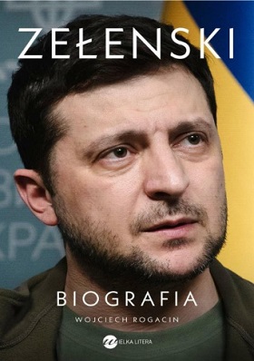 Wizerunek mężczyzny na tle flagi ukraińskiej na okładce ksiązki pt. "Zełenski. Biografia".