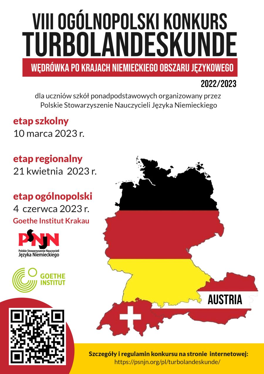 Plakat konkursu Turbolandeskunde z zarysem trzech krajó niemieckojęzycznych i kodem QR.