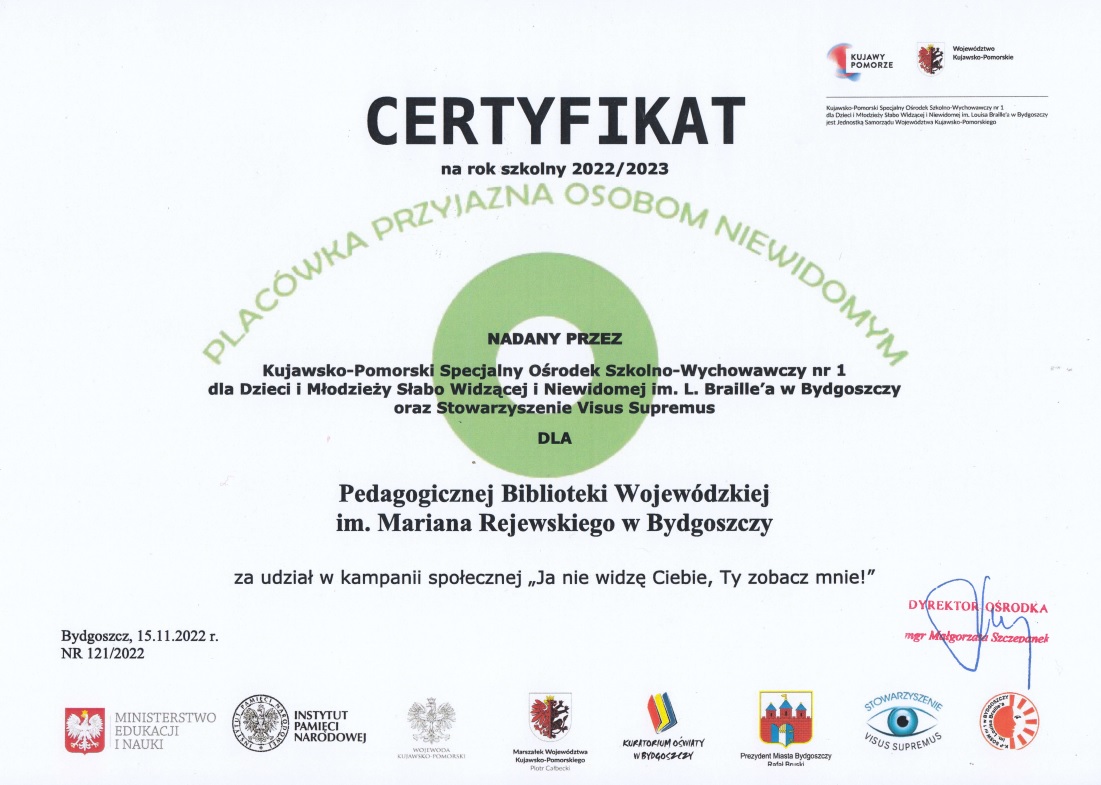 Certyfikat dla biblioteki, opatrzony logotypami wielu instytucji.