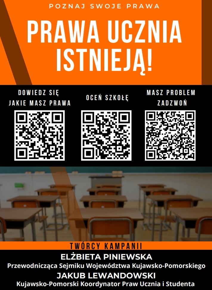 Plakat z kodami QR kampanii "Prawa Ucznia Istnieją!"