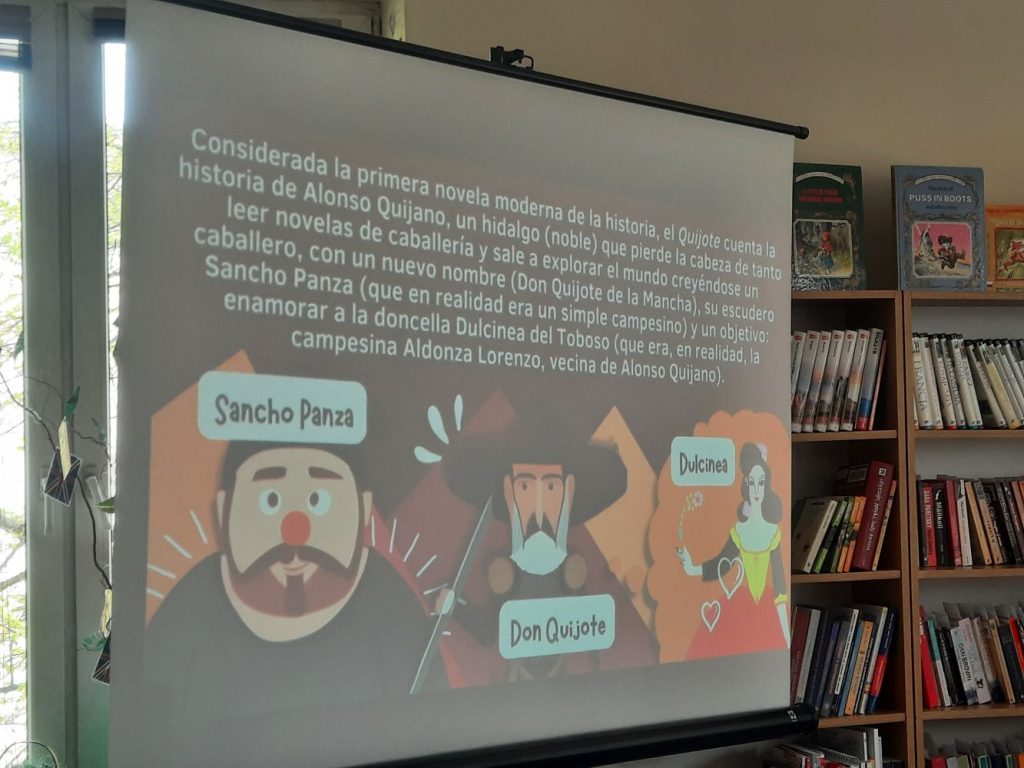 Prezentacja na ekranie w języku hiszpańskim o dziele Cervantesa "Don Quijote"