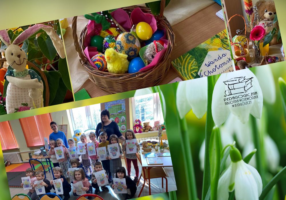 Dzieci prezentują swoje prace plastyczne na zajęciach o wiośnie i Wielkanocy.