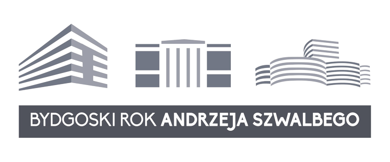 Logo Roku Andrzeja Szwalbego - zarysy trzech budynków bydgoskich: BWA, Opery Nova i Filharmonii