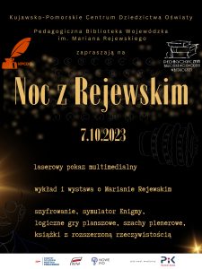 Plakat informacyjny "Nocy z Rejewskim" z logotypami organizatorów.