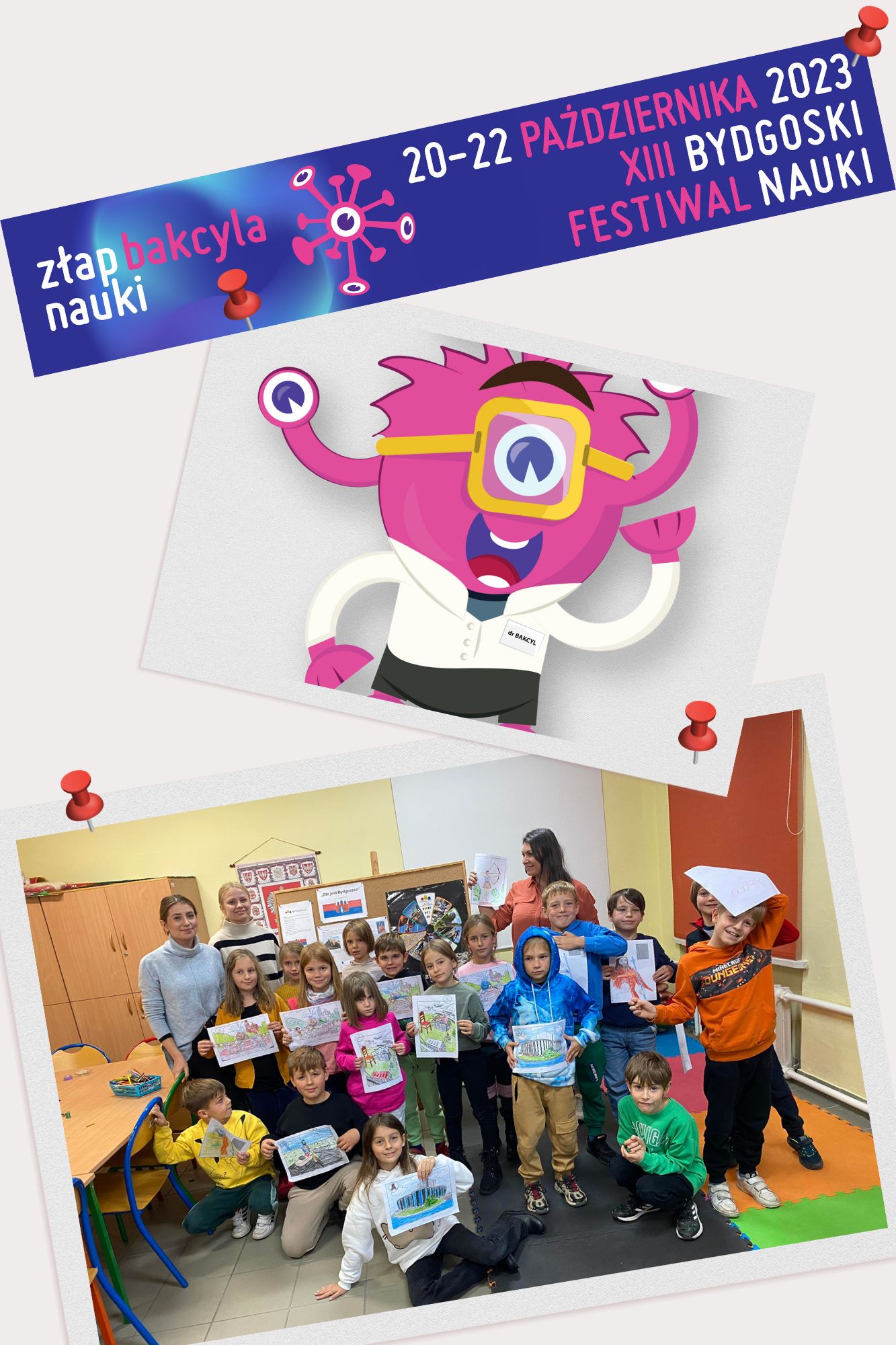 Dzieci uczestniczące w zajęciach, maskotka i baner BFN.