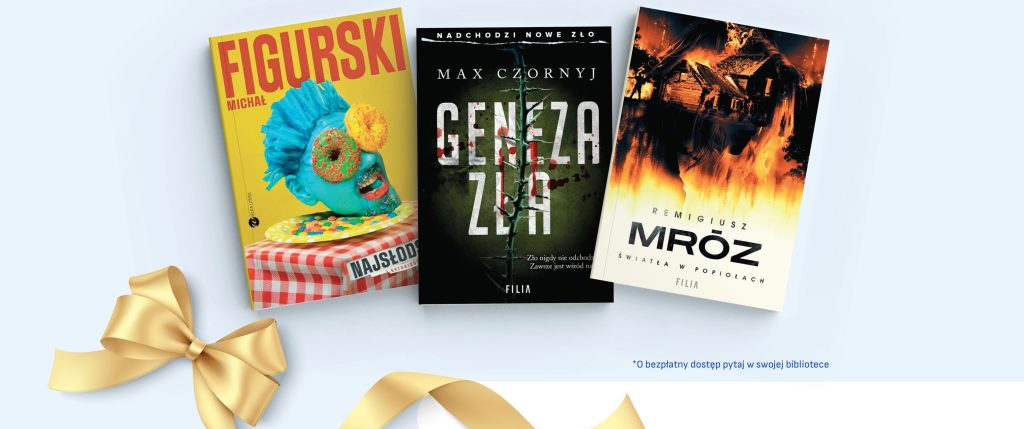Okładki trzech książek i kokarda.
