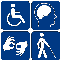 Piktogramy oznaczające osoby z niepwłnosprawnościami: ruchową, umysłową, słuchową i wzrokową.