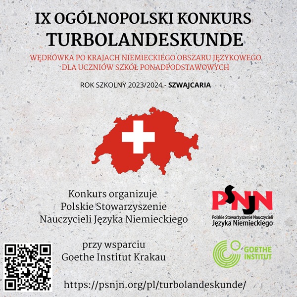 Plakat IX Ogólnopolskiego Konkursu Turbolandeskunde z mapą Szwajcarii i logotypami organizatorów.