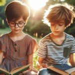 Dziewczynka i chłopiec siedzą na łące i czytają książki. w słoneczny dzień.