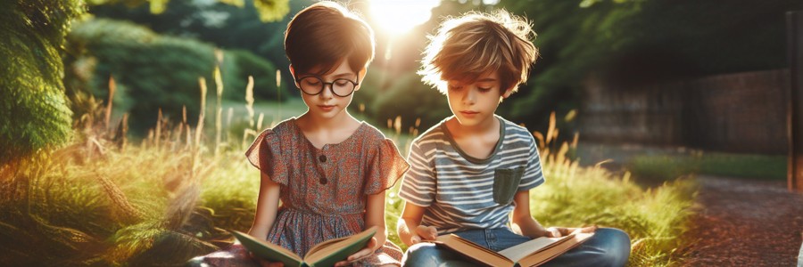 Dziewczynka i chłopiec siedzą na łące i czytają książki. w słoneczny dzień.