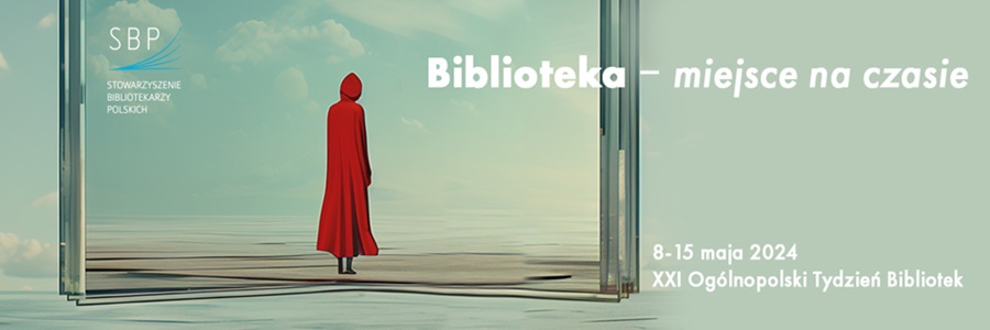 Tydzień Bibliotek - plakat z postacią w czerwonym płaszczu z kapturem.