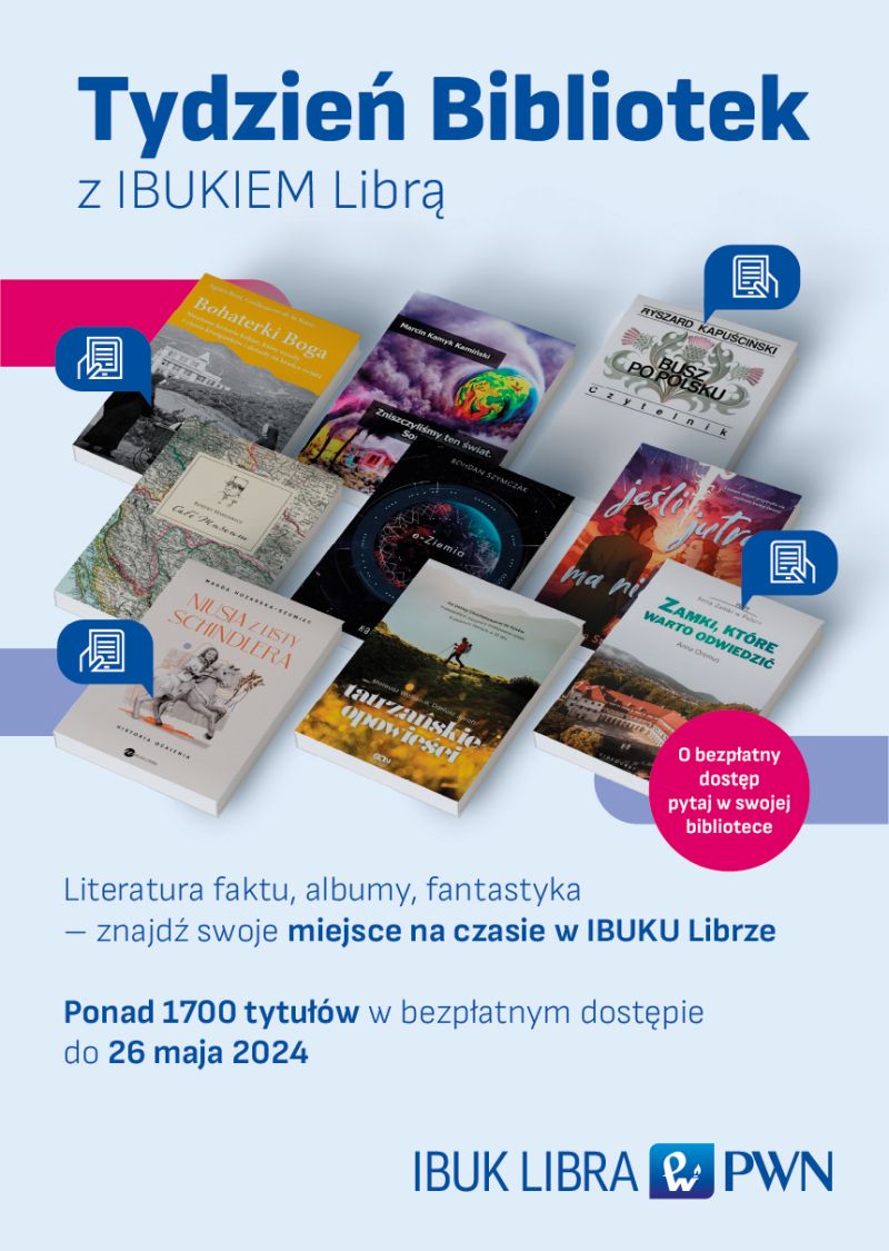 Okładki książek na plakacie Tygodnia Bibliotek z IBUKIEM Librą.
