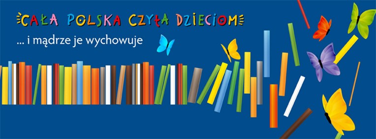 Grzbiety książek i motyle na banerze "Cała Polska czyta dzieciom".