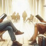 Kobieta i mężczyzna siedzą naprzeciw siebie na ławkach w alejce i czytają książki.
