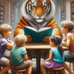Tygrys z książką w łapach czyta dzieciom w bibliotece pełnej regałów.