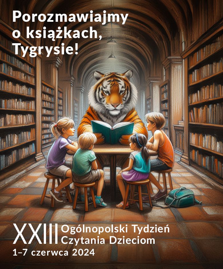 Tygrys z książką w łapach między regałami w bibliotece na plakacie XXIII Ogólnopolskiego Tygodnia Czytania Dzieciom.