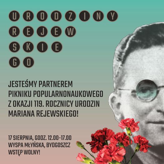 Baner partnera pikniku popularnonaukowego "Urodziny Rejewskiego" z wizerunkiem kryptologa w okrągłych okularach.