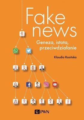 Schemat powiązań między osobami, mediami społecznościowymi na okładce książki pt. "Fake news"