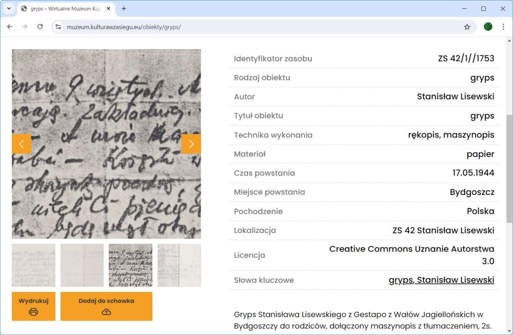 Zrzut ekranu serwisu wirtualne muzea z obiektem "Gryps z roku 1944" ze zbiorów Muzeum Oświaty.