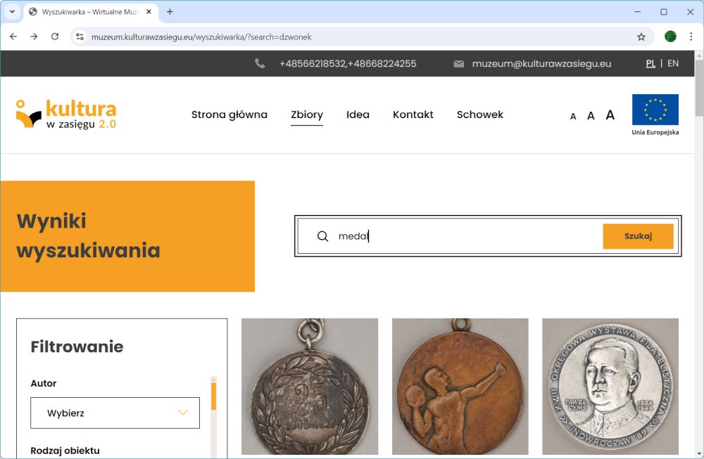 Ekran serwisu wirtualne muzeum z wynikami wyszukiwania obiektów "medal".