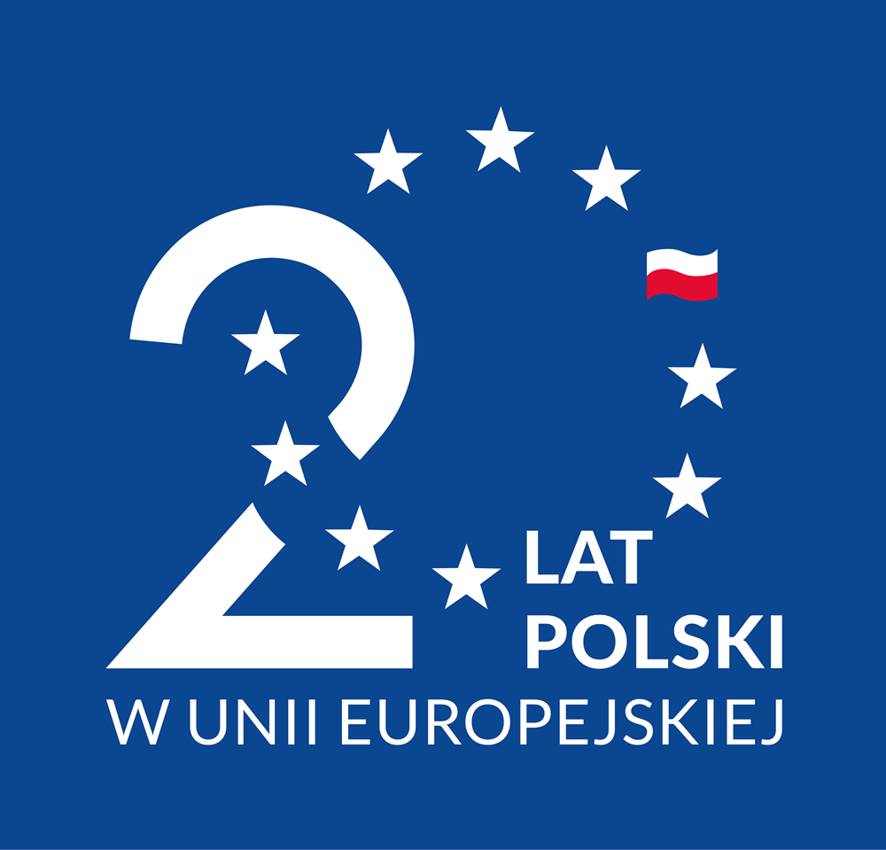 20 lat Polski w UE z elementami flagi unijnej (dwanaście gwiazd na niebieskim tle.)