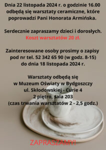 Plakat informacyjny warsztatów ceramicznych z filiżanką, podstawką i talerzykiem z porcelany.