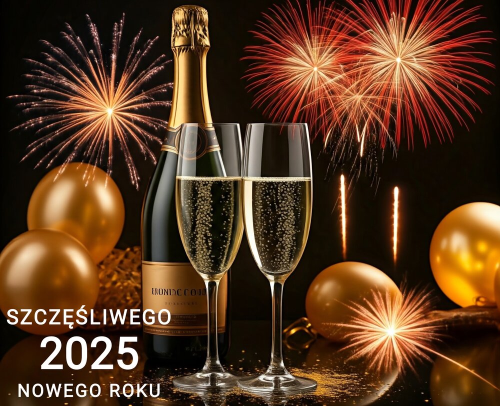 Szampan, kieliszki, fajerwerki. SZCZĘŚLIWEGO nowego roku 2025.