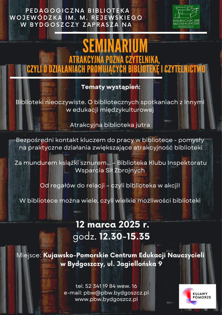 Plakat informacyjny seminarium dla nauczycieli bibliotekarzy z motywem książek na regale.