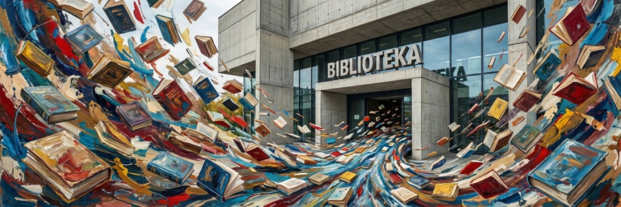 Książki wartkim strumieniem wlatują przez otwarte drzwi biblioteki.