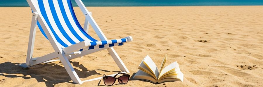 Leżak w biało-niebieskie pasy na piaszczystej plaży, a obok leży książka i słoneczne okulary.