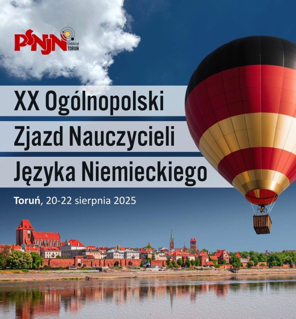Balon w barwach flagi niemieckiej nad panoramą Torunia - plakat zjazdu nauczycieli języka niemieckiego.