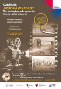 Projektor filmowy i taśma filmowa na plakacie konkursu „Historia w kadrze”
