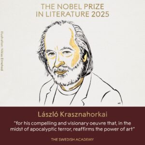 Rysunkowy wizerunek pisarza Laszlo Krasznohorakaiego.