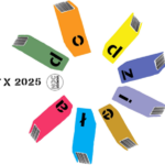 Logo Nocy Bibliotek - grzbiety książek z literami układającymi się w napis: do dzieła!.