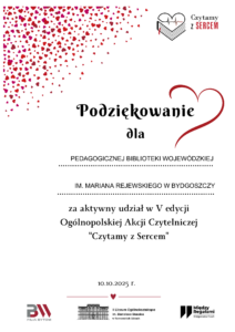 Graficznie opracowane podziękowanie. Tekst, chmura serc.