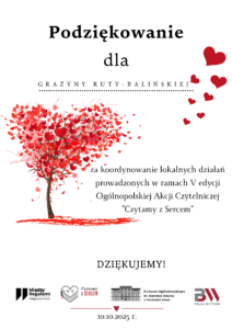 Graficzne przedstawienie podziękowań oraz drzewo z liśćmi - sercami.