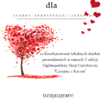 Graficznie opracowane podziękowanie. Tekst i drzewo z liści w kształcie serca.