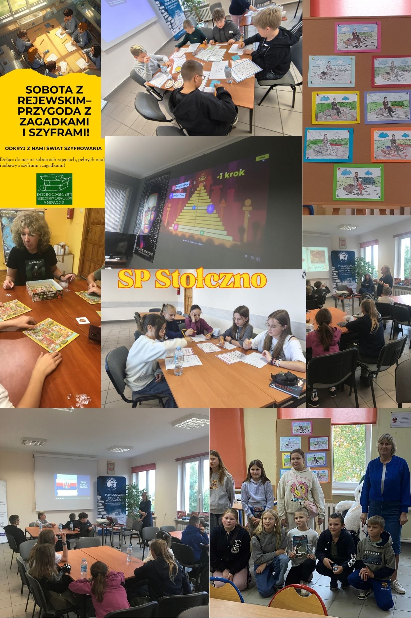 Kolaż zdjęć z zajęć edukacyjnych dla uczniów SP w Stołcznie i plakatu.