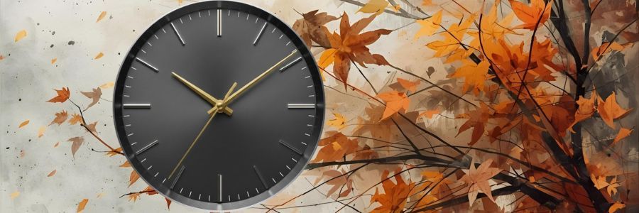 Zegar na tle jesiennych liści.