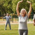 Uśmiechnięci seniorzy spędzają czas w parku ćwicząc, jeżdżąc na rowerach, biegając.