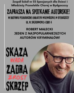 Plakat spotkania autorskiego z Robertem Małeckim z wizerunkiem autora.