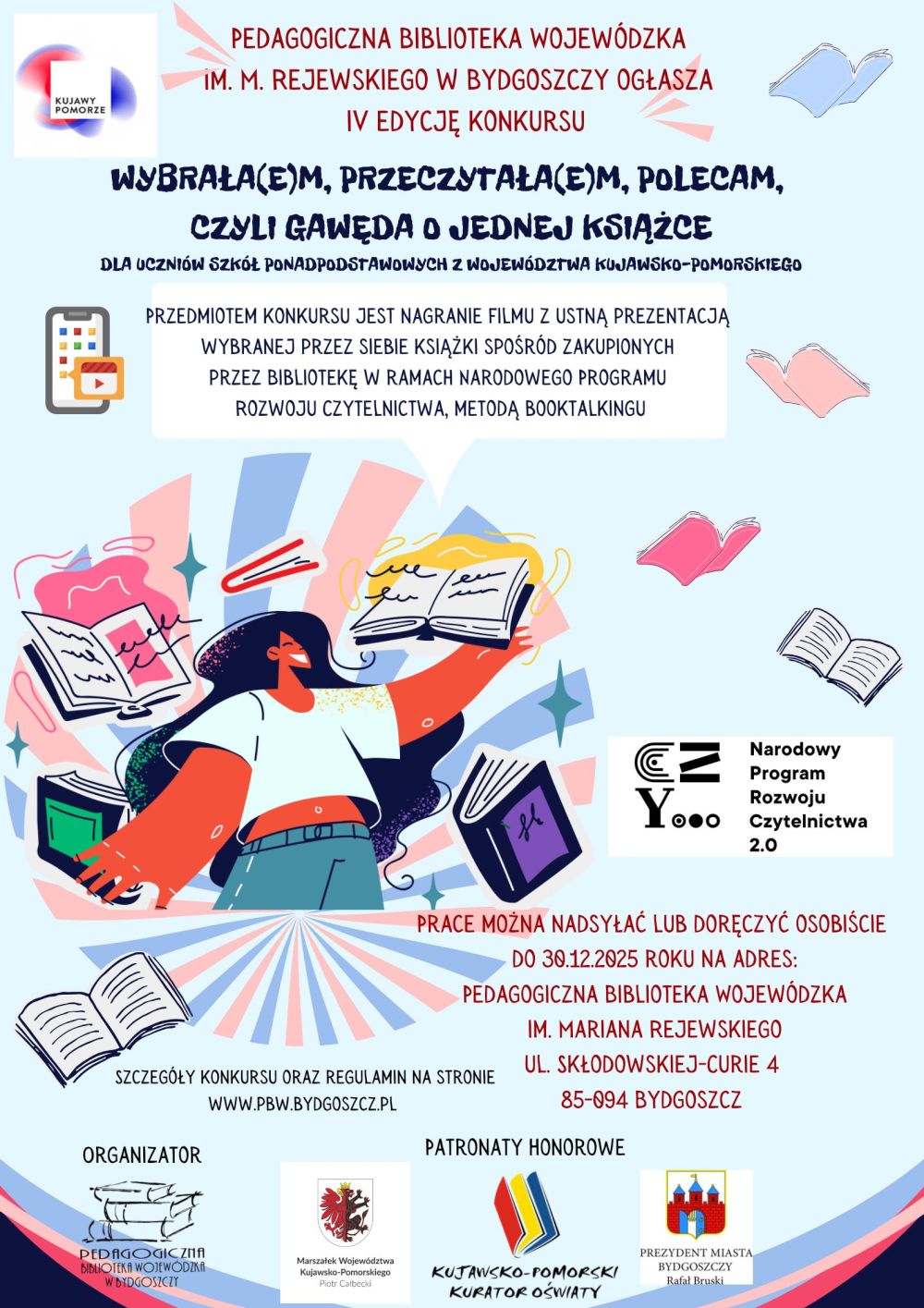 Osoba otoczona książkami na plakacie konkursu.