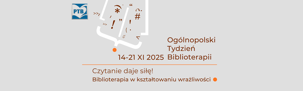 Znaki typograficzne tworzące twarz na banerze Ogólnopolskiego Tygodnia Biblioterapii.