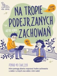 Chłopak z laptopem i dziewczyna z lupą przy oku - okładka książki pt. "Na tropie podejrzanych zachowań".