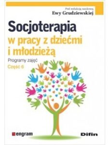 Drzewo z kolorowymi liśćmi-dłońmi. Powyżej tytuł książki "Socjoterapia w pracy z dziećmi i młodzieżą".