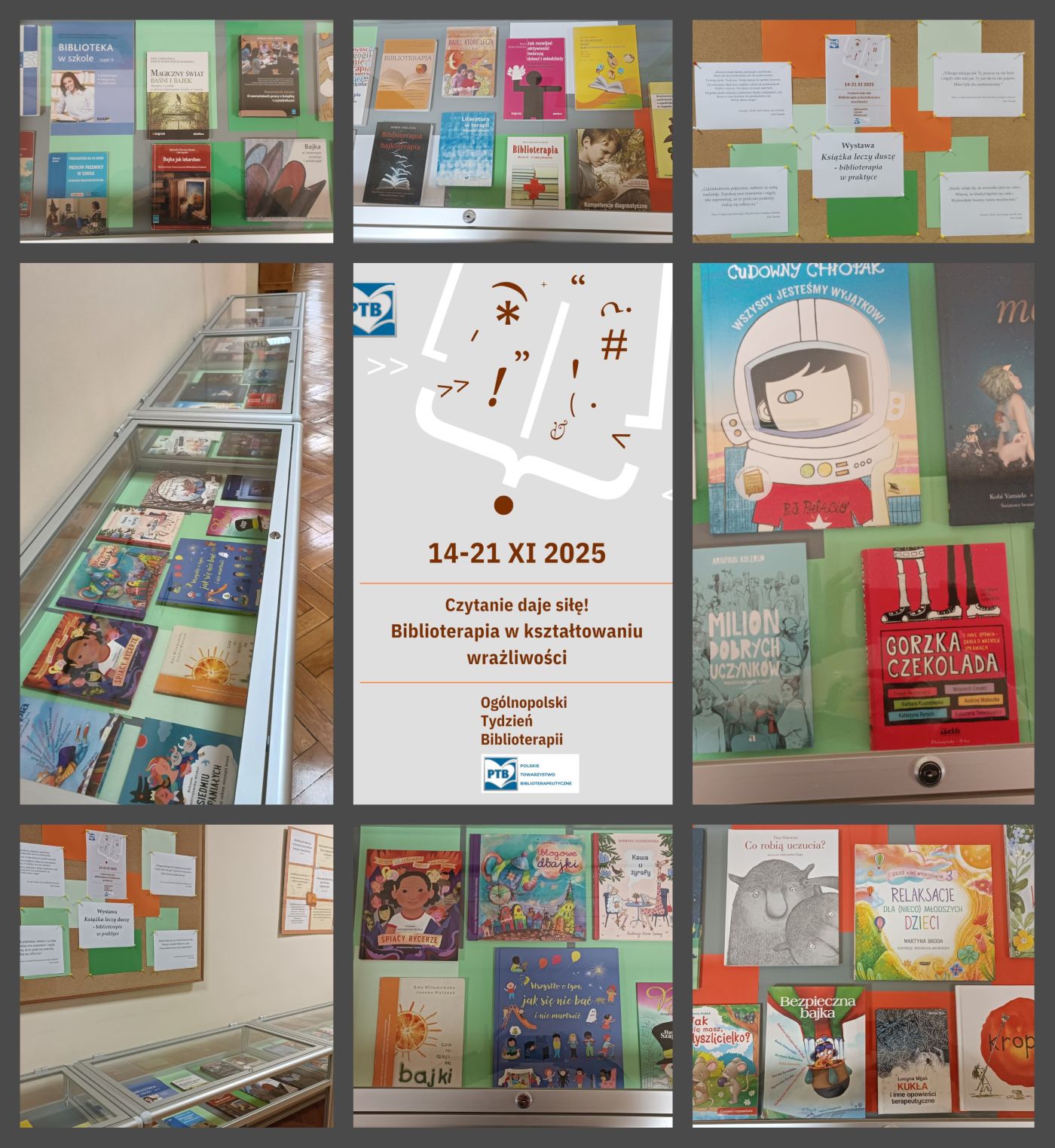 Kolaż zdjęć i plakatów z wystawy książek z okazji Ogólnopolskiego Tygodnia Biblioterapii.