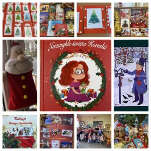 Kolaż zdjęć ozdób świątecznych, okładek książek i kartek.